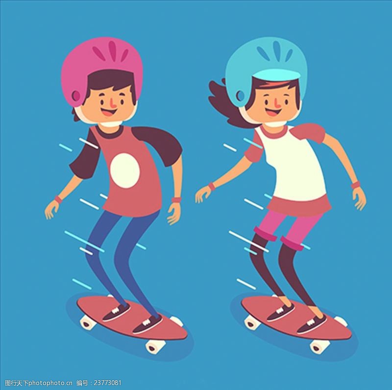 酷女孩卡通滑滑板的青年男女