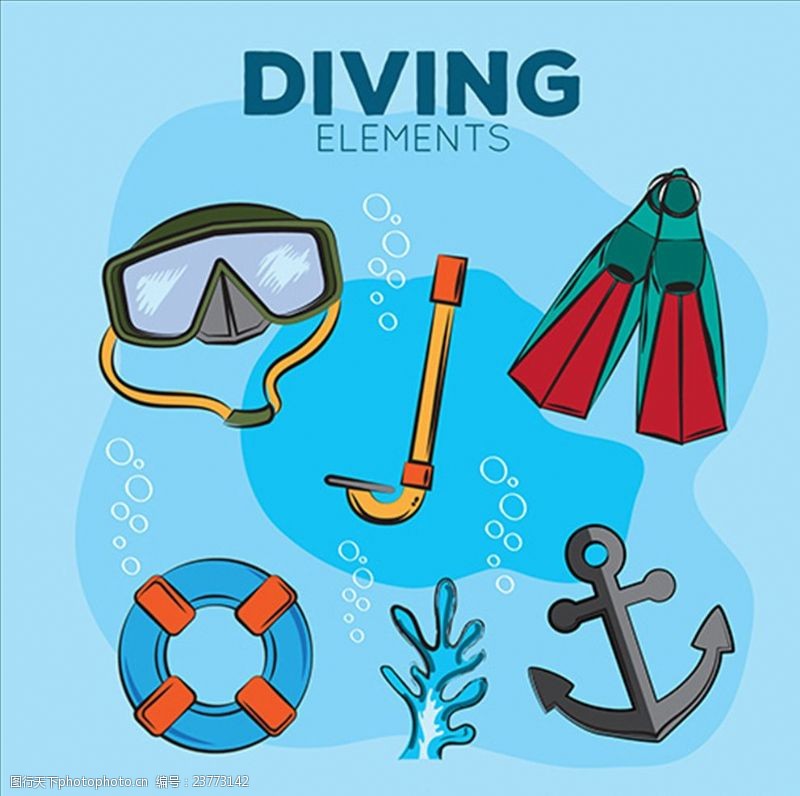 潜水员手绘平面潜水运动元素