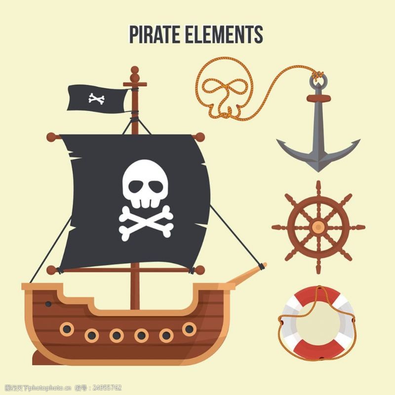 海盗骷髅头骨海盗船和各种海盗元素平面设计素材