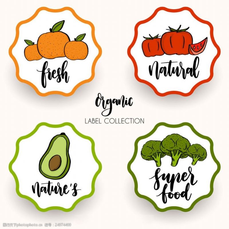 果蔬标签贴复古风格健康蔬菜水果食品贴纸图标