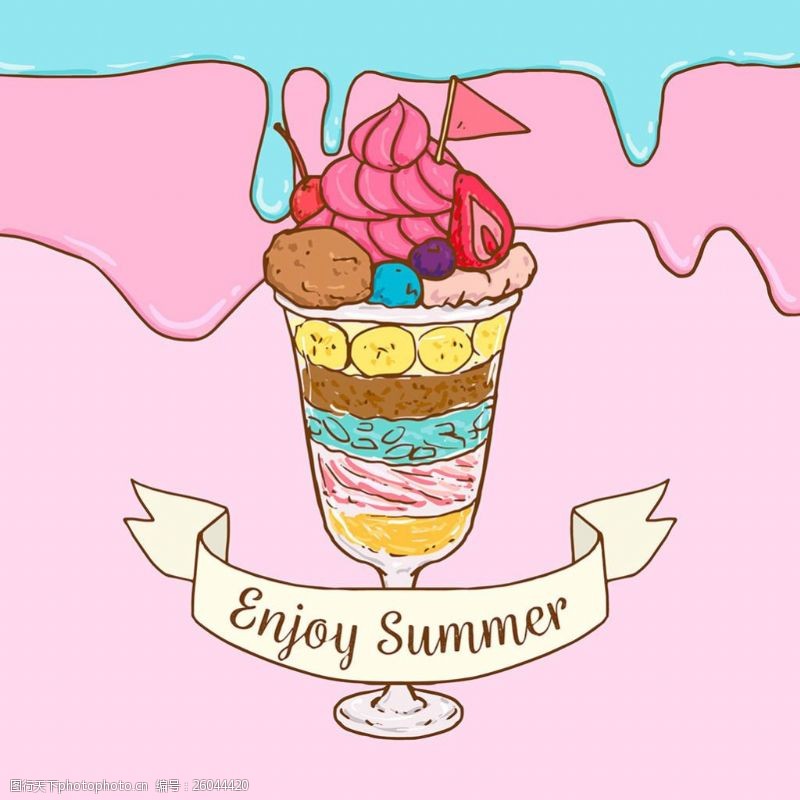 冰激凌插图手绘彩色杯装冰淇淋插图背景