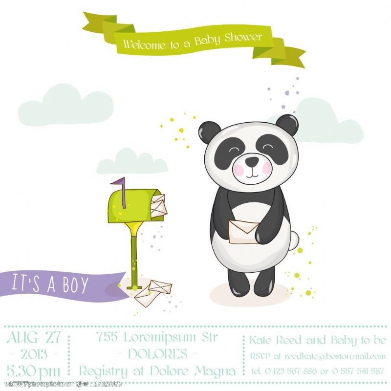 寄信婴儿洗礼卡通熊猫邀请卡片矢量素材