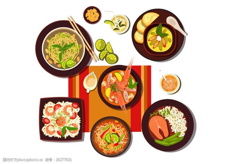 矢量卡通美食泰国菜商业扁平装饰图案素材