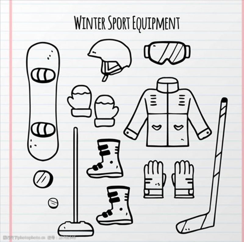 滑雪素材手绘简笔滑雪运动用品配件