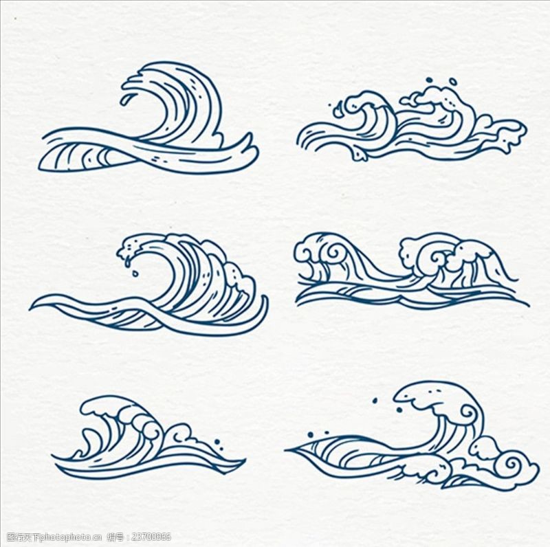 夏季风情矢量素材六款手绘风格浪花海浪