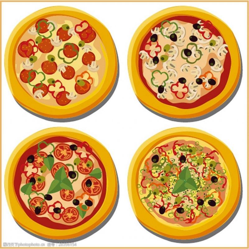 蔬菜种类各种口味披萨矢量图