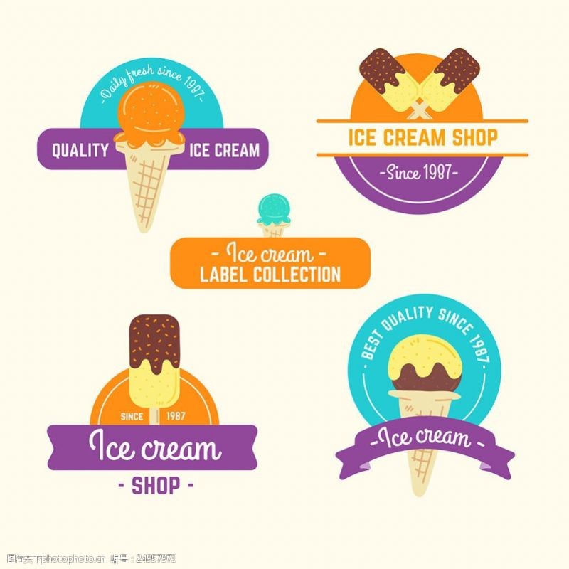 冰激凌插图手绘多彩冰淇淋贴纸标签
