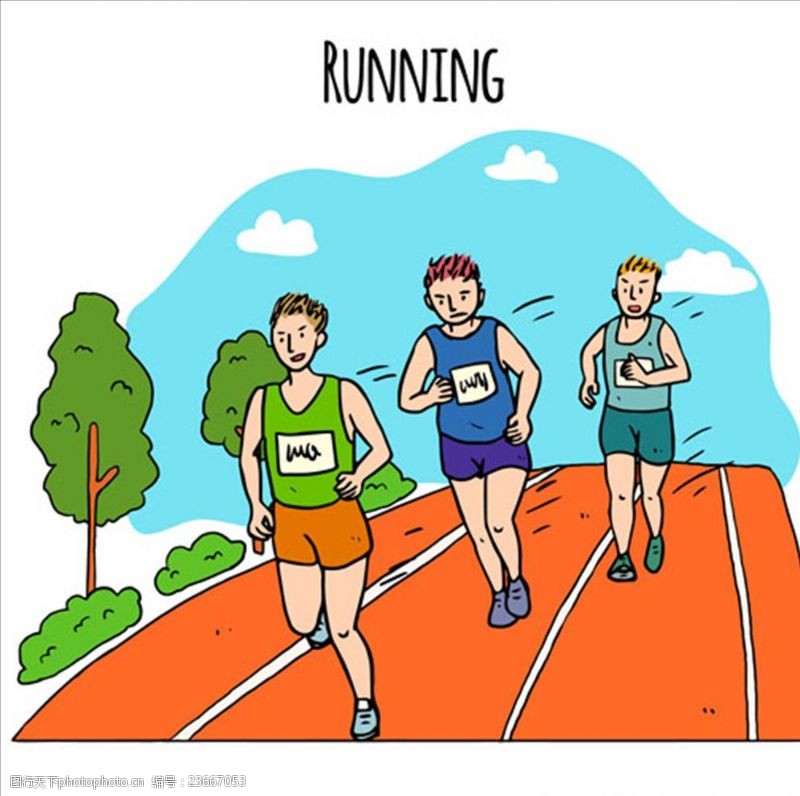 体育运动员手绘简笔参加跑步比赛运动员