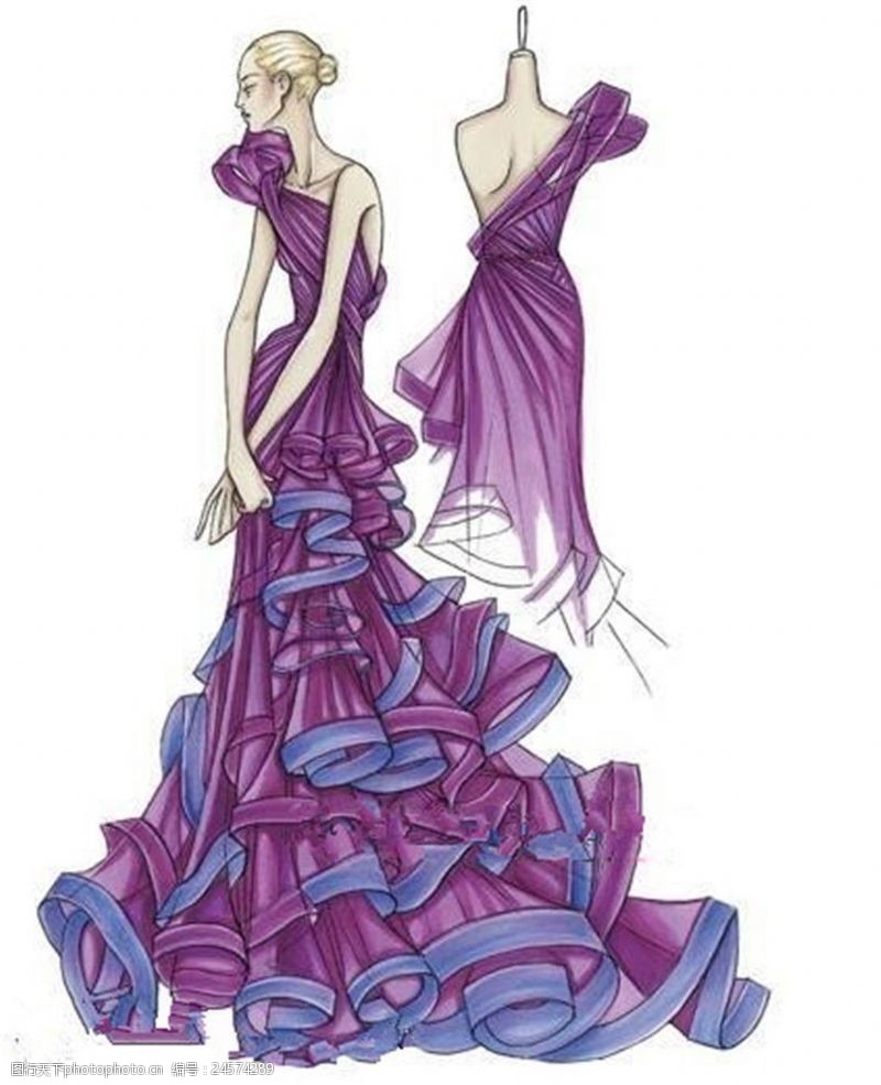 手绘效果图紫色单肩波浪长裙设计图