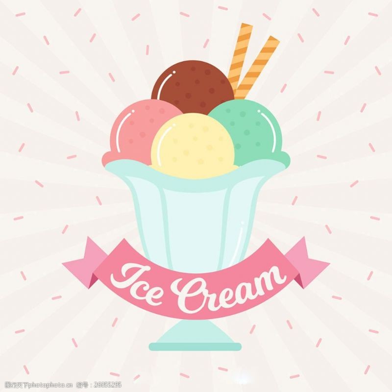 冰激凌插图杯装冰淇淋红色飘带点状图案背景