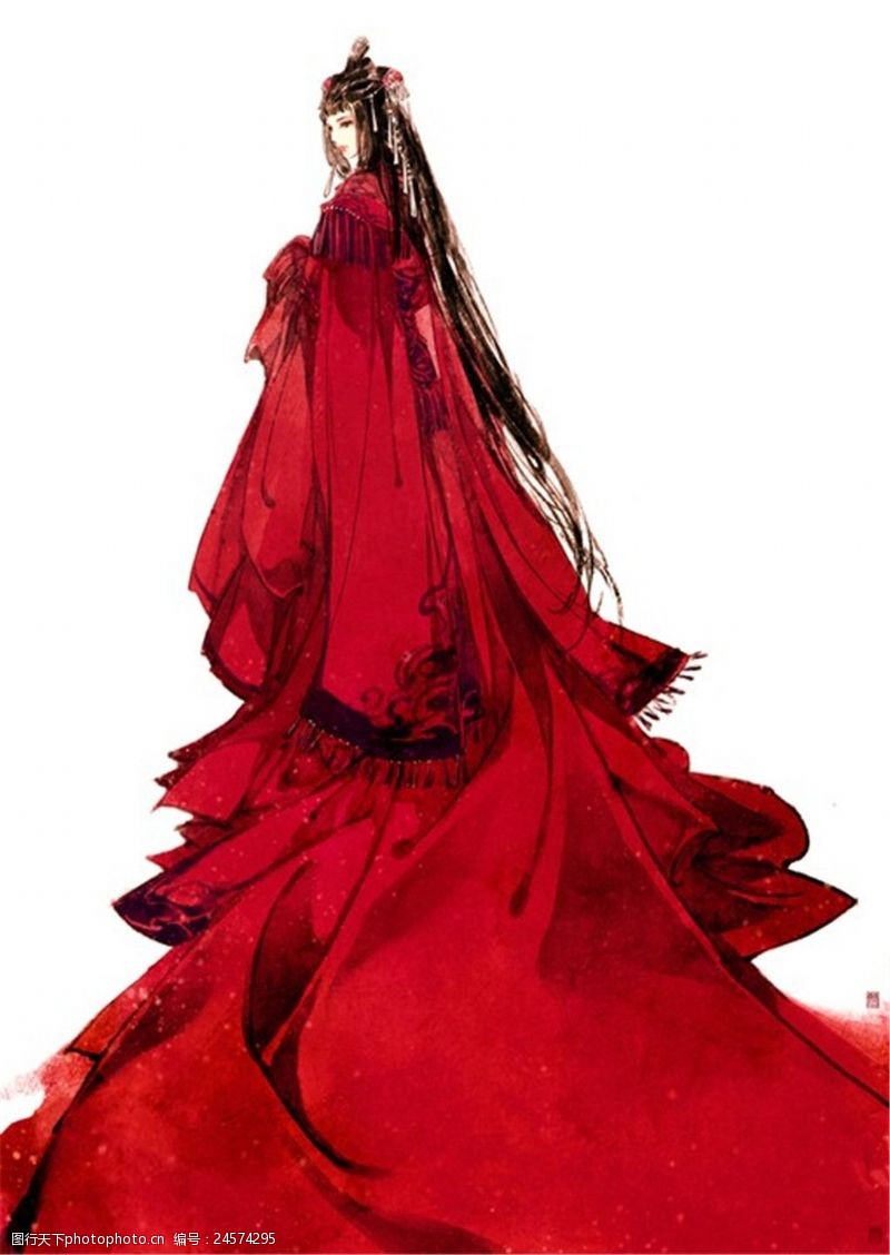 手绘效果图大红色长裙礼服设计图