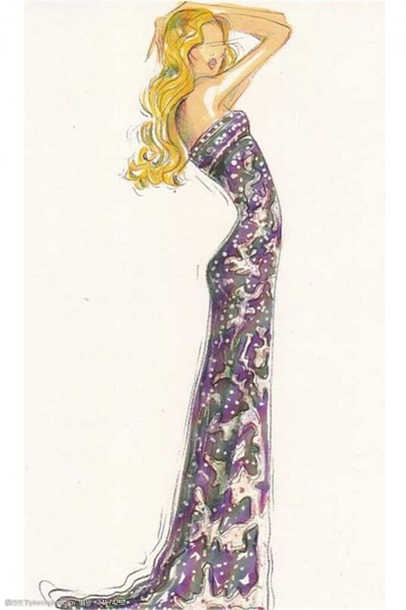手绘效果图紫色花纹抹胸婚纱设计图