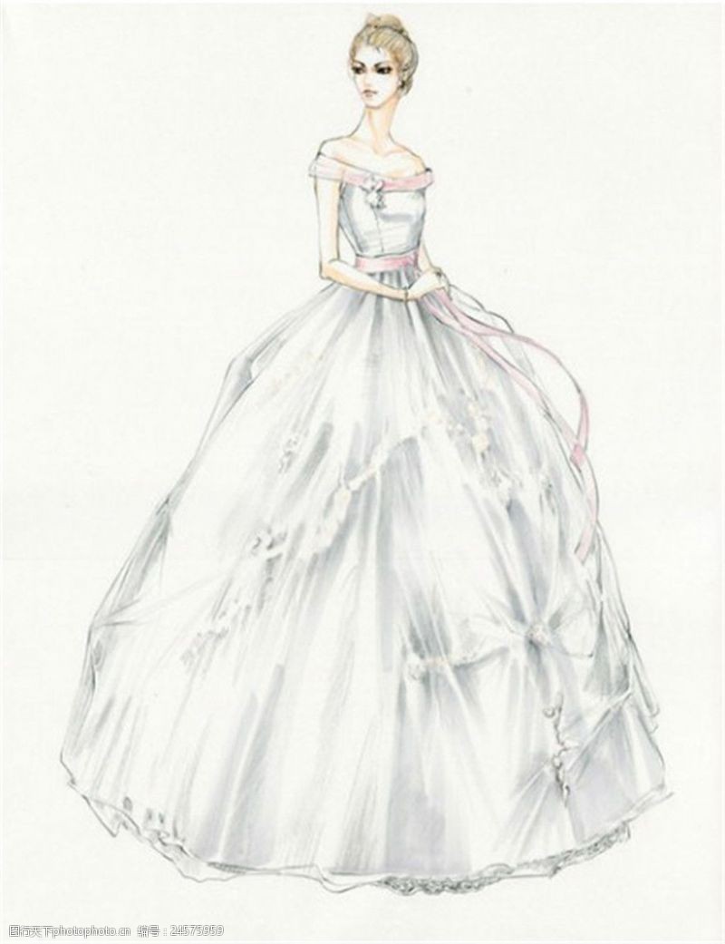 手绘效果图白色长裙婚纱设计图