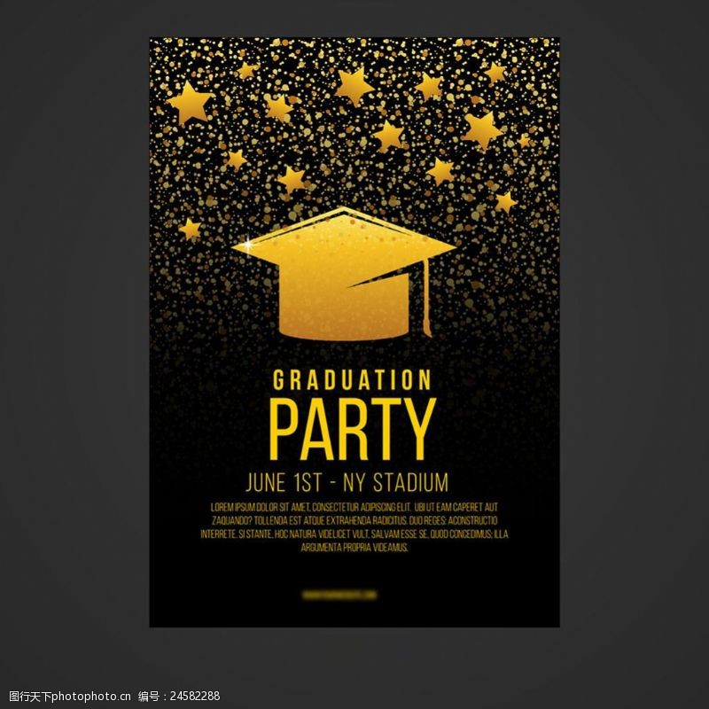 毕业纪纪念册金色毕业帽星星黑色背景毕业派对传单