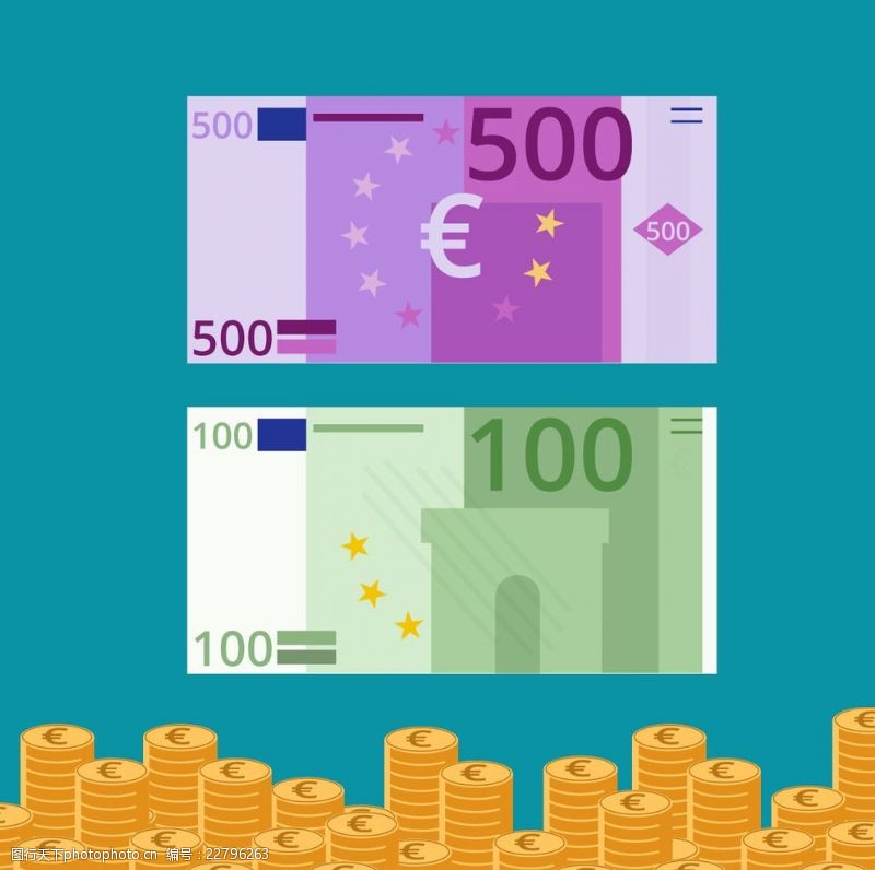 金钱符号平板欧元纸币和硬币