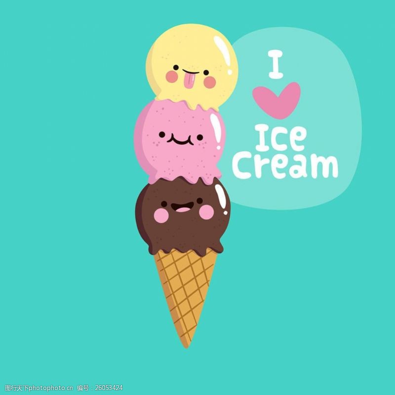 冰激凌插图手绘扁平风格漂亮的冰淇淋插画蓝色背景
