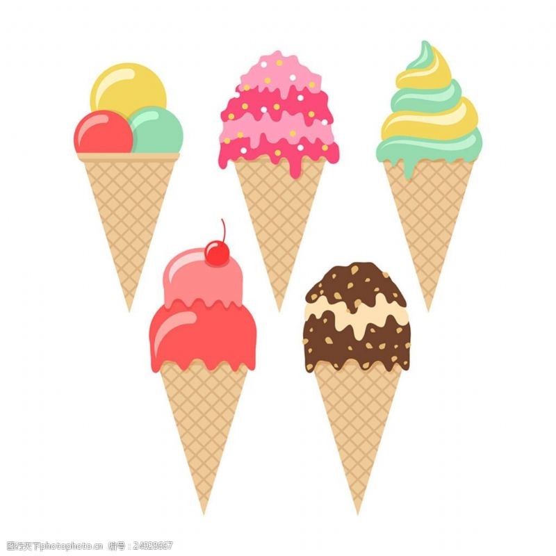 冰激凌插图五个锥体冰淇淋平面设计素材