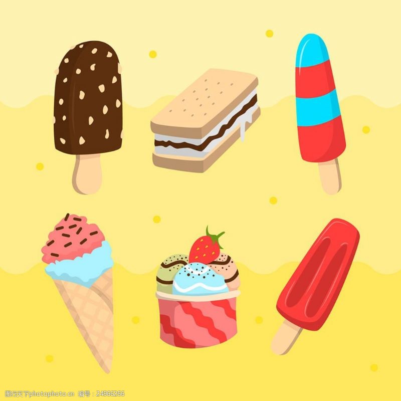 冰激凌插图六个彩色美味冰淇淋雪糕矢量素材