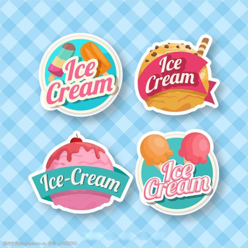 冰激凌插图手绘彩色冰淇淋插图标签图标蓝色方格背景