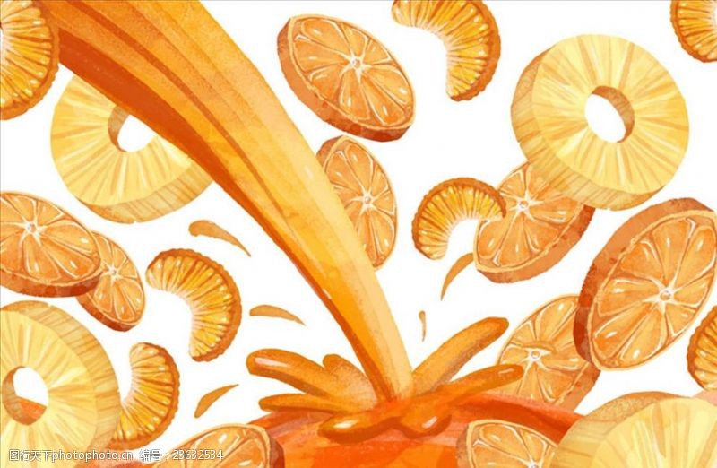矢量水果素材手绘水彩桔子菠萝橙汁插图