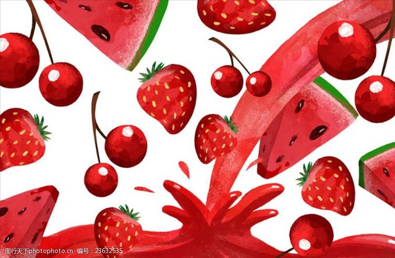 矢量水果素材手绘水彩樱桃西瓜草莓汁插图