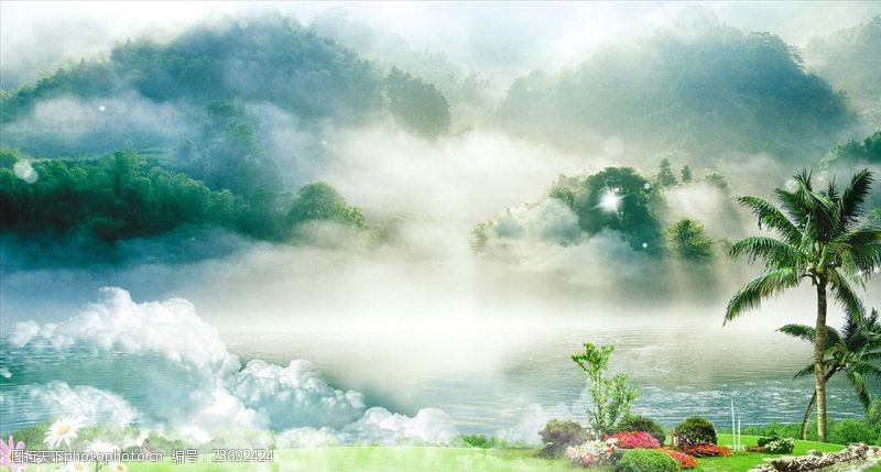 云雾缭绕山林湖泊素材背景