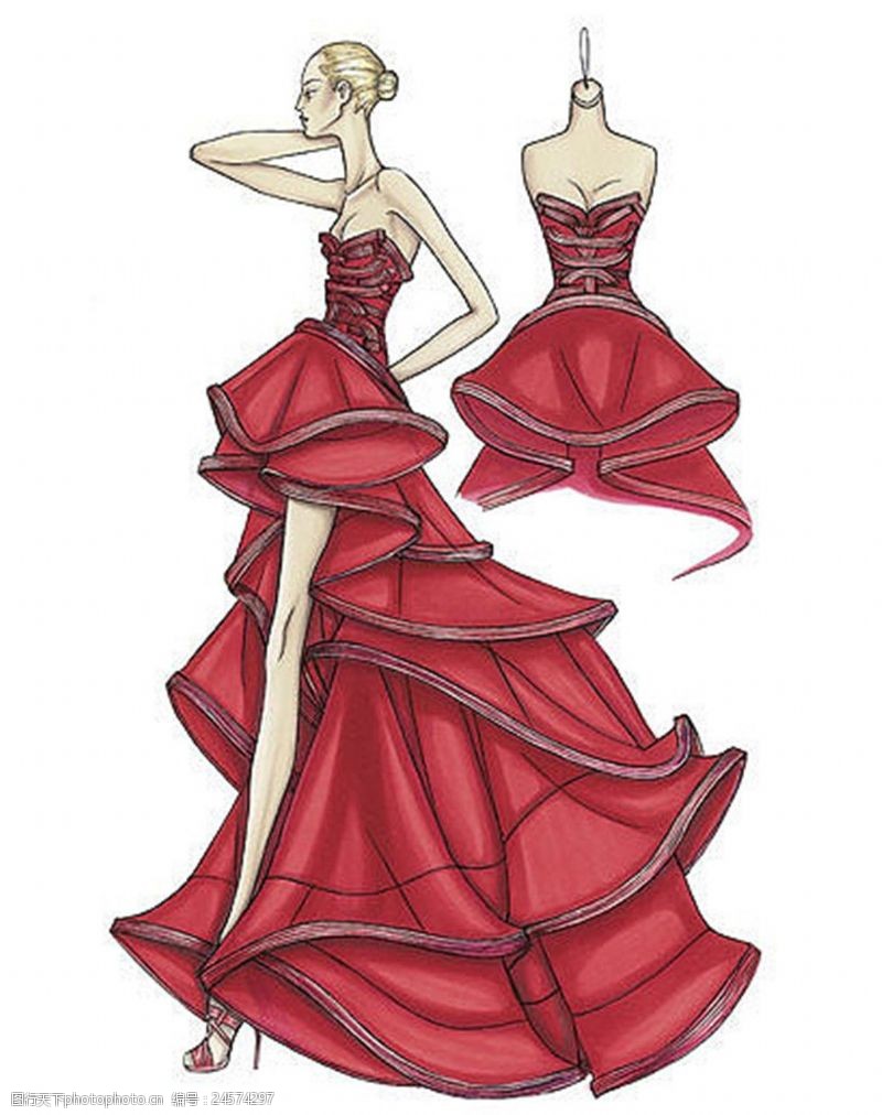 手绘效果图红色抹胸长裙礼服设计图