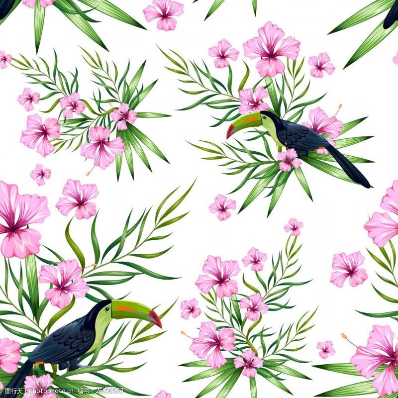 火烈鸟和叶子火烈鸟鹦鹉和花朵纹理矢量素材