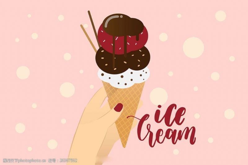 冰激凌插图女人吃美味的冰淇淋插图粉红色背景