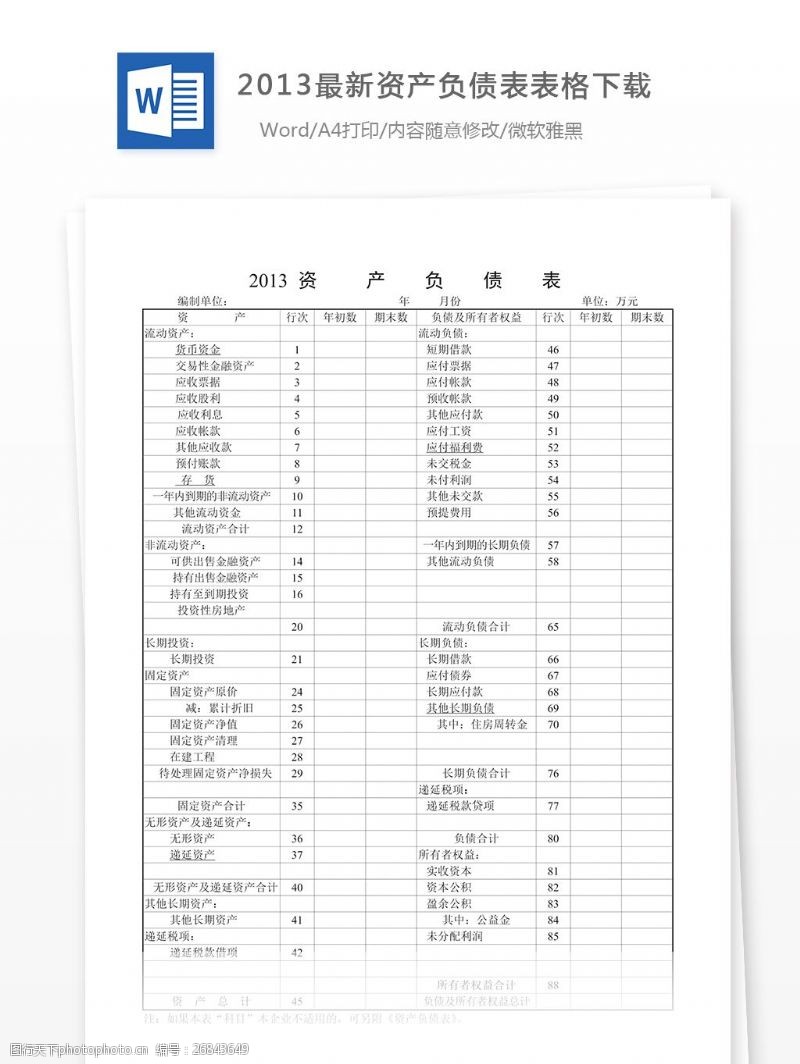 行政专机2013最新资产负债表表格下载