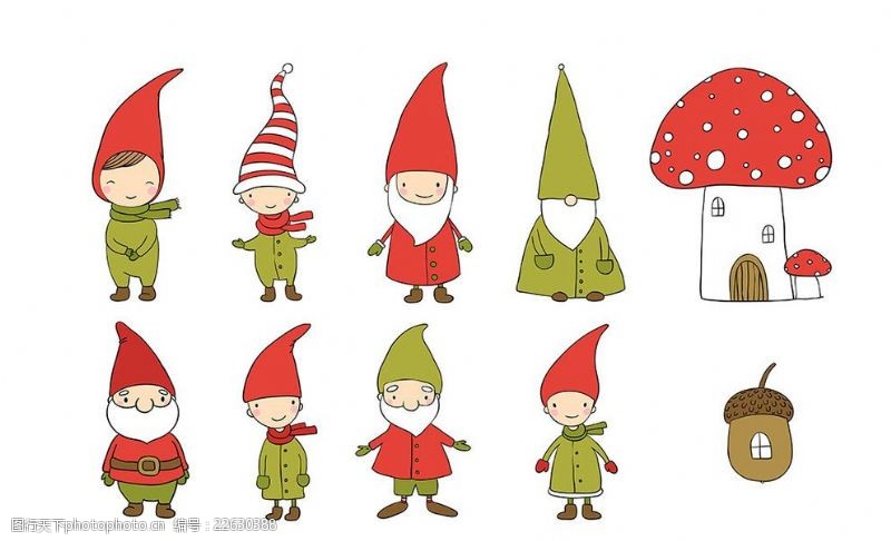 蘑菇小屋多款彩色卡通戴帽子的小人矢量
