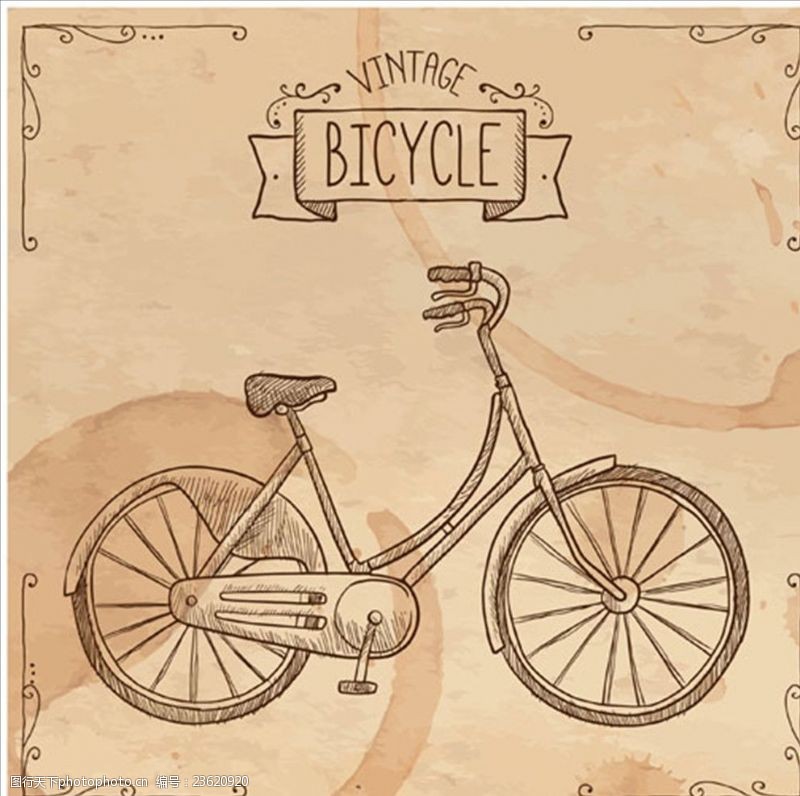骑自行车复古手绘自行车海报