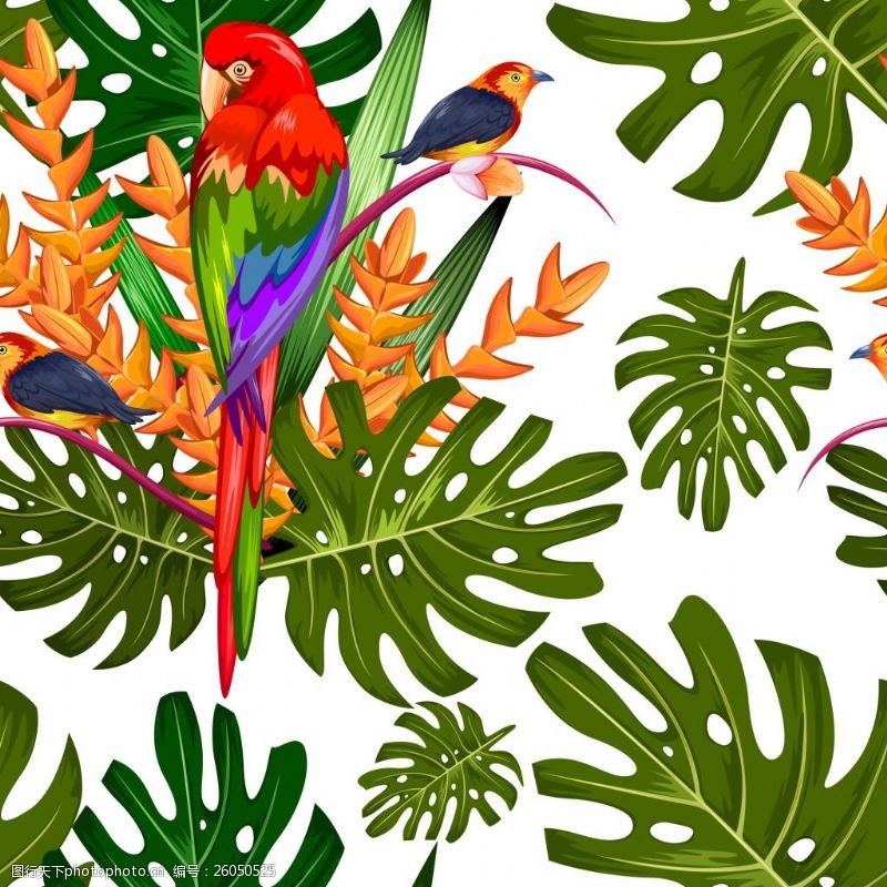 火烈鸟和叶子火烈鸟鹦鹉和花朵纹理矢量素材