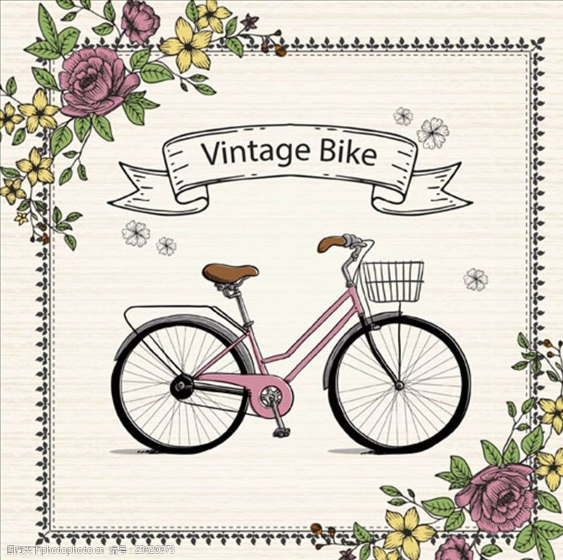 骑自行车手绘复古花卉自行车插图
