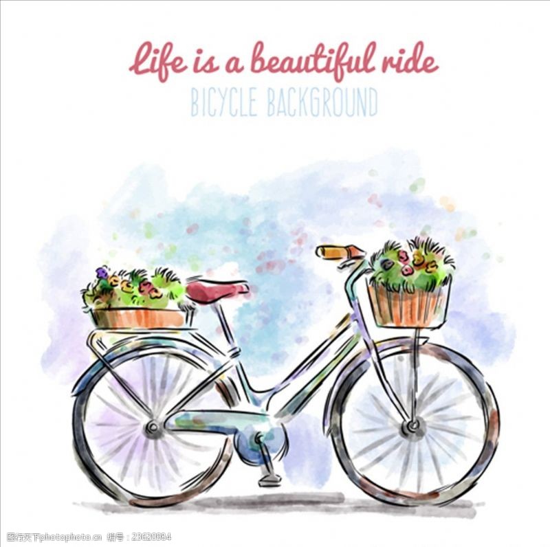 骑单车手绘水彩自行车海报