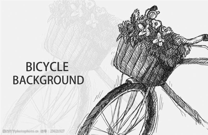 骑单车手绘素描老式有篮子的自行车
