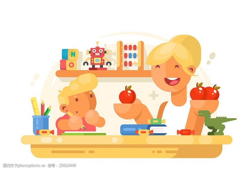 矢量水果素材写作业的孩子和拿着水果的妈妈