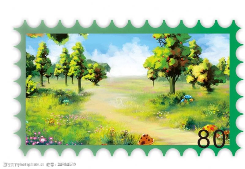 时尚邮票手绘春天风景邮票矢量图