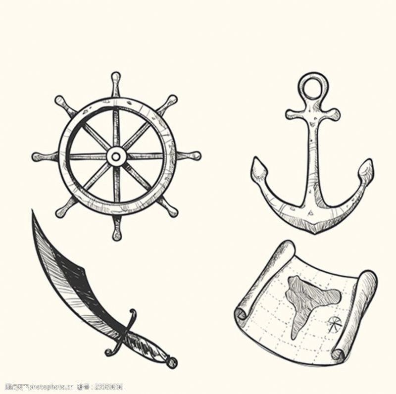 儿童海盗船手绘素描海盗元素