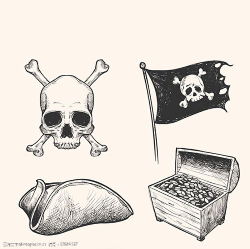 寻宝派对手绘素描海盗元素草图