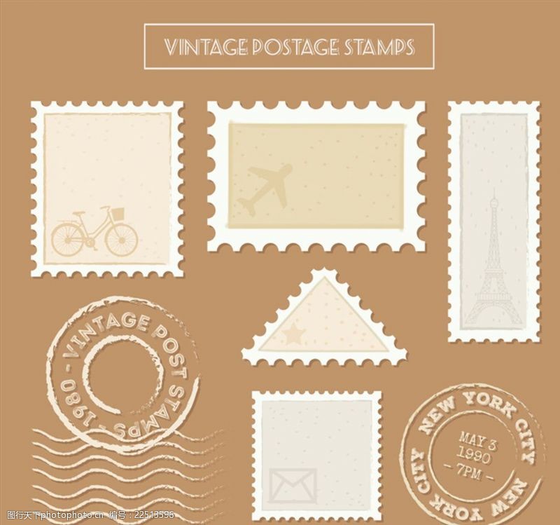 复古邮戳7款复古邮票和邮戳矢量素材