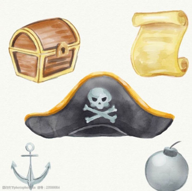 海盗骷髅头骨手绘水彩海盗帽宝箱元素