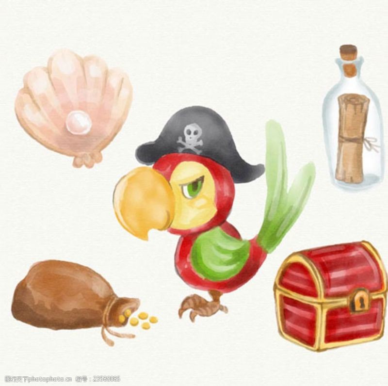儿童海盗船手绘水彩海盗鹦鹉金币元素