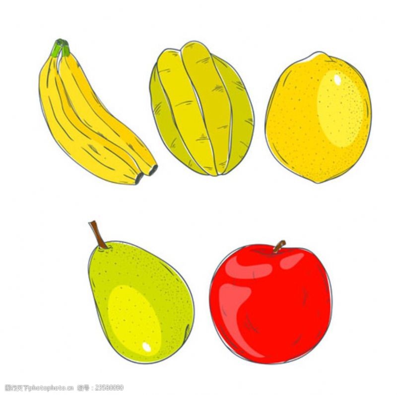 矢量水果素材手绘五种美味的水果