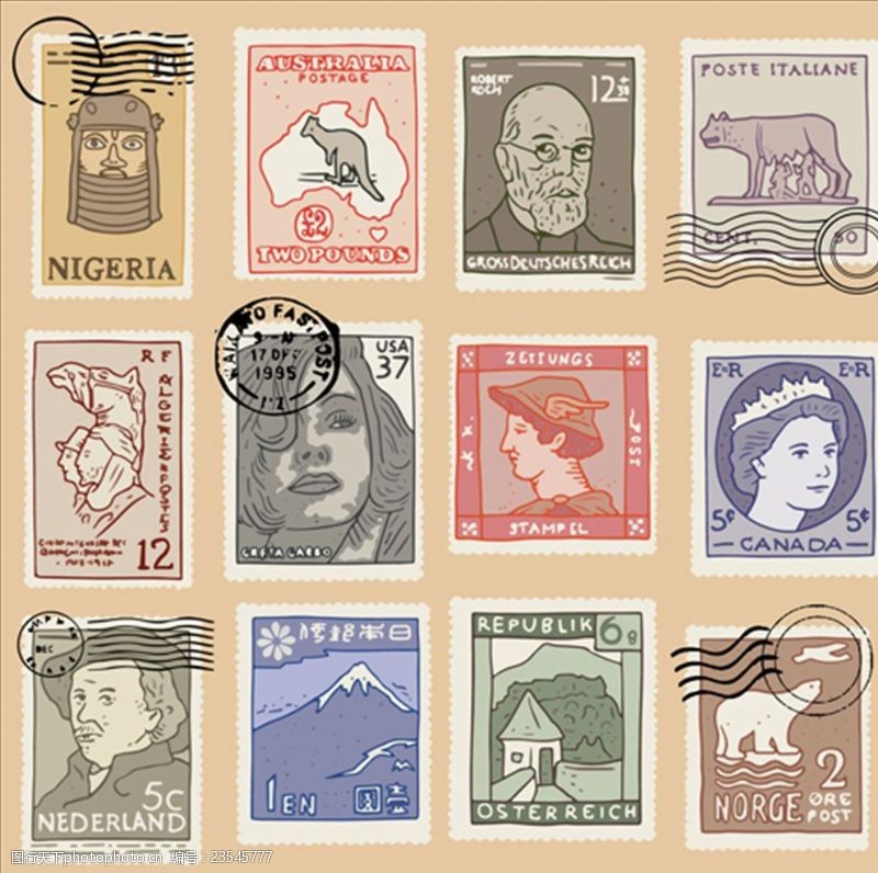 邮票贴纸套装复古风格的装饰邮戳邮票