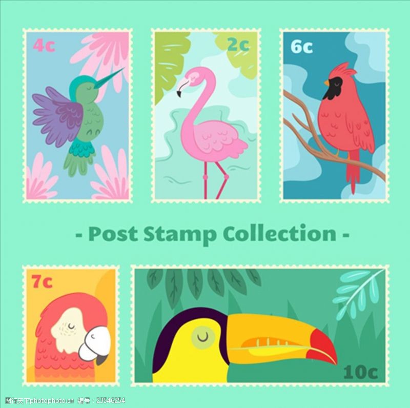 邮票贴纸套装巨嘴鸟火烈鸟鹦鹉蜂鸟邮票