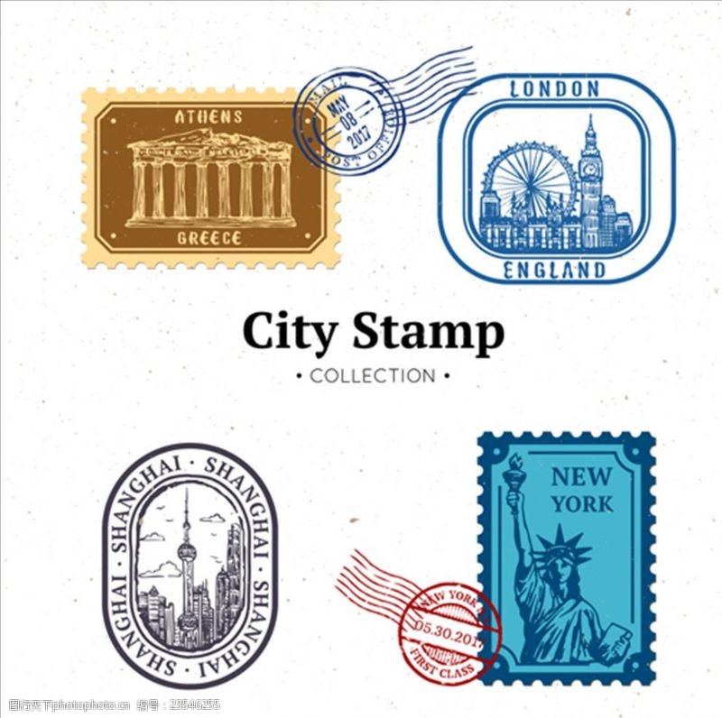 邮票贴纸套装手绘四座城市邮票