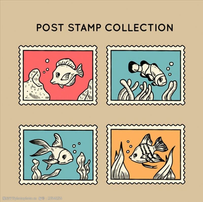 邮票贴纸套装四款复古风手绘热带鱼邮票