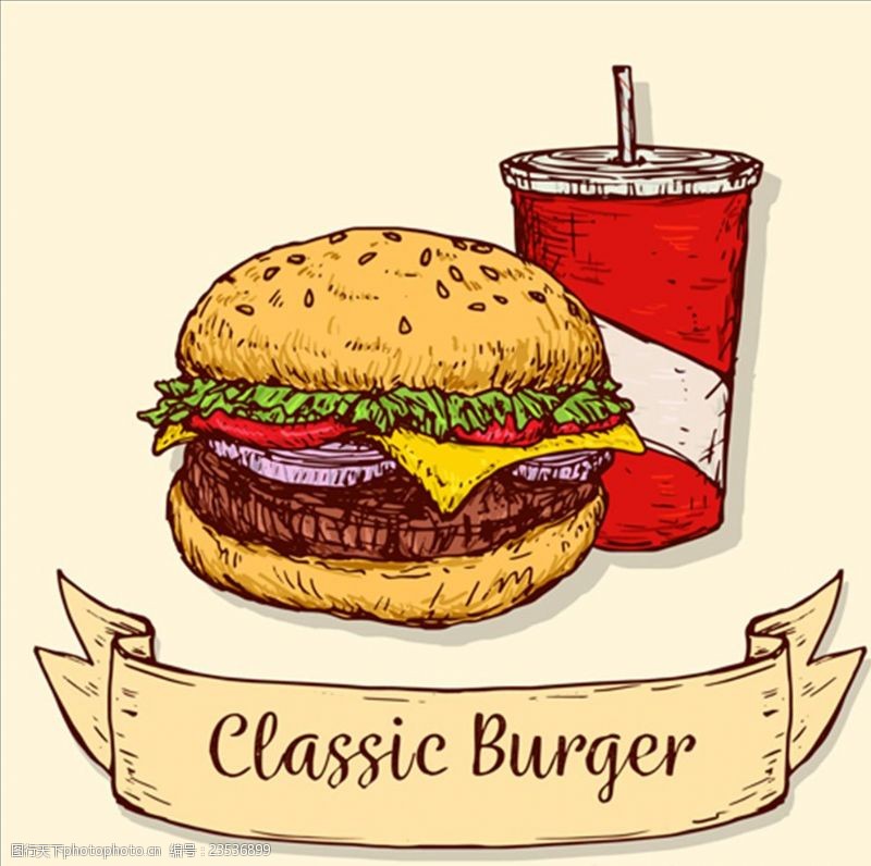 肯德基套餐快餐经典的手绘汉堡和饮料