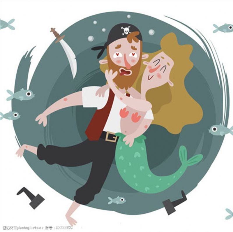 儿童海盗船卡通被美人鱼拥抱的海盗